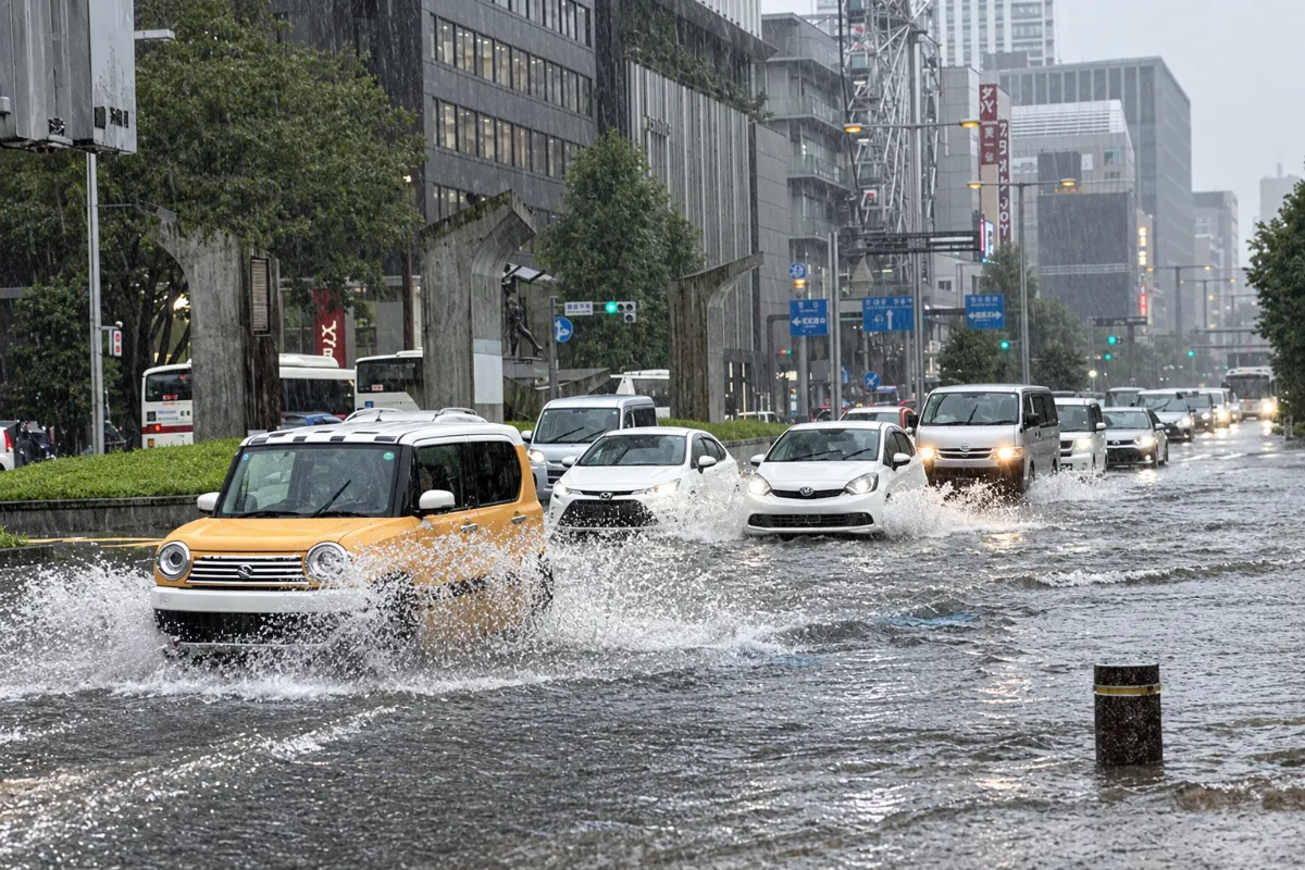 大雨で冠水した市街地の道路